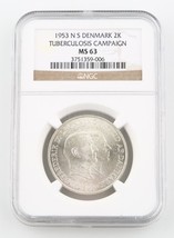 1953-H NS Denmark 2 Kroner Silver Coin MS-63 NGC Greenland Tuberculosis KM-844 - £117.90 GBP