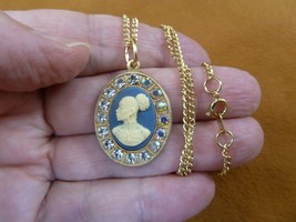 (CA30-135) RARE African American LADY blue + ivory CAMEO brass pendant necklace - £23.07 GBP