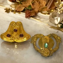 Antique Victorian Brass Two-Piece Belt Buckle Art Nouveau Faceted Jewel Set/2 - $84.14