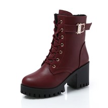 Lace Up Flat Boots Combat Booties Women Winter Wine Red Ankle High Heels Shoes B - £37.47 GBP