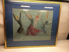 Signed Pastel Painting of Three Women Dancing with Gilt Frame and Blue Mat - £35.62 GBP