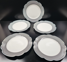 5 Grace&#39;s Teaware Scallop Navy Salad Plates Set Stripe Dot Scallop Gold Trim Lot - £53.08 GBP