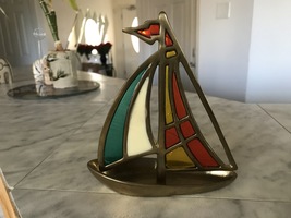 Vintage PENCO Stained Glass Brass Sailing Boat Nautical Paperweight 6 H  - £47.95 GBP