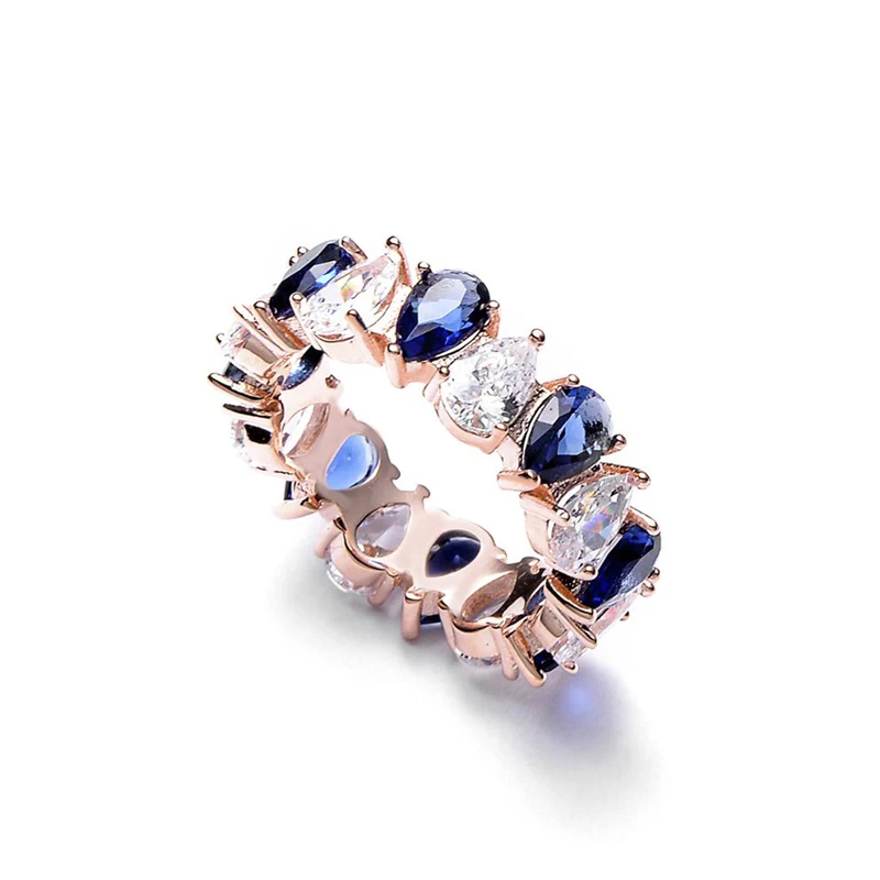 925 Sterling Silver Rose Gold Inlaid Synthetic Blue Crystal Finger Ring For Wome - £26.29 GBP