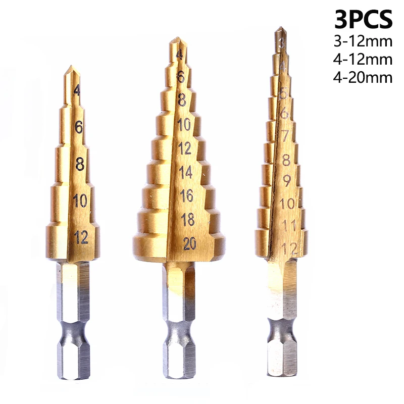 3Pcs/set 3-12/4-12/4-20mm Step Drill Bit HSS Straight Groove Titanium Coated   H - £139.95 GBP