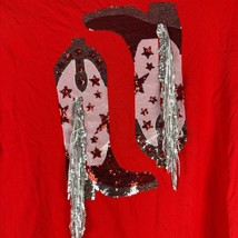 Blue B. Collection Poppy Red T-Shirt With Sequin Cowboy Boots Design Size M - $37.16