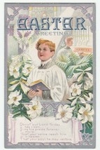 Vintage Postcard Easter Choir Boy Lilies Organist Silver Trim Embossed - £6.18 GBP