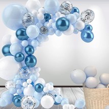 Blue Balloon Garland Arch Kit, 109 Pcs Macaron Blue Confetti &amp; Metallic White Si - £16.02 GBP