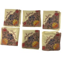 Six Vintage Dinner Napkins Beige w Bird Folk Art Design 11&quot; x 11&quot; - $19.27