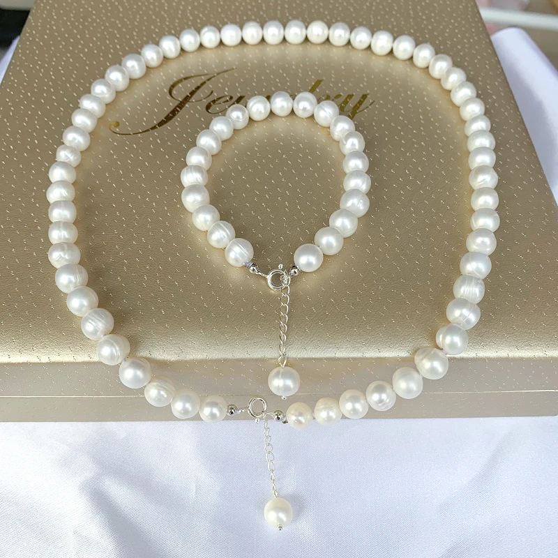 9-10mm Natural Freshwater Pearl Jewelry  Set Real 925 Sterling Silver Necklace B - £32.34 GBP