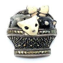 Vtg Signed Judith Jack Sterling Silver Art Deco Basket of Kittens Cats Brooch - £58.66 GBP