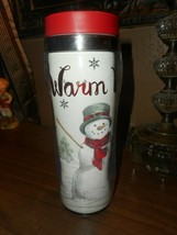 Snowman Travel Cup Mug 18oz Hot Coffee Tea Cocoa Warm Wishes Plastic Paper Liner - £7.83 GBP