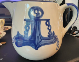 Louisville Stoneware Pottery Pitcher Blue Helm Steering Wheel &amp; Anchor Nautical - £29.89 GBP