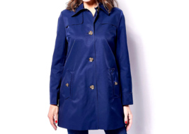 Dennis Basso Water Repellent Button-Front Double Collar Jacket- NAVY, XL - £42.64 GBP