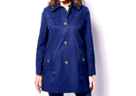 Dennis Basso Water Repellent Button-Front Double Collar Jacket- NAVY, XL - £40.70 GBP