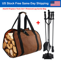 5Pcs 26&quot; Hearth Tool Fireplace Tools Set + Firewood Log Carrier Bag Heav... - $94.99