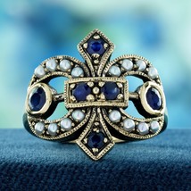 9K Yellow Gold Natural Sapphire and Pearl Vintage Style Cluster Ring in Solid - $1,000.00