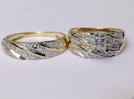 Diamond Wedding 14K Yellow Gold Fn Trio His Her Bridal Band Engagement Ring Set - £100.99 GBP