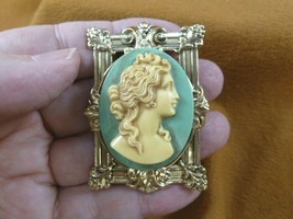 (CM12-9) Wavy hair woman blue CAMEO flower brass jewelry Pin Pendant JEW... - £27.57 GBP