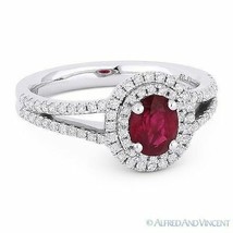 1.09 ct Oval Cut Red Ruby &amp; Diamond Pave Halo Engagement Ring in 18k White Gold - £2,498.37 GBP
