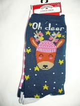 Holiday Time Women&#39;s Crew Socks Reindeer &amp; Stripe Shoe Size 4-10 NEW 2 Pair - £8.57 GBP