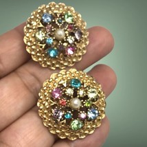 vintage clip on gold tone rhineston faux pearl earrings Signed - $75.00
