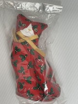 Vintage New Sealed 5 In Christmas Red Cat Plush Fabric Stuffed Red Green - $11.29