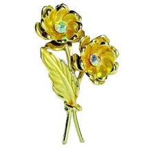 Vintage 1960s Flowers Brooch Pin Gold Tone Metal Rhinestones Jewelry Fashion - £15.13 GBP