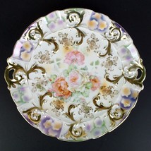 Germany Handled Cake Plate, Pink &amp; White Roses w Gold Acanthus, Antique ... - £23.43 GBP