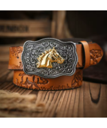 Western Cowboy Leather Belt – Men’s Horse Pattern with Floral Engraved B... - $55.10