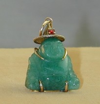 Antique Estate 14k Gold Carved Jade Jadeite Buddha Ruby Hat Pendant - £411.34 GBP