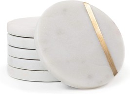 White Marble Drink Coasters With Gold Brass Inlay - Set Of 6 Handcrafted Modern - £32.79 GBP
