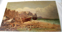 c1880 Antique Medditerran EAN Sea Seascape Fishing Boat Oil Painting Folk Art - £97.77 GBP