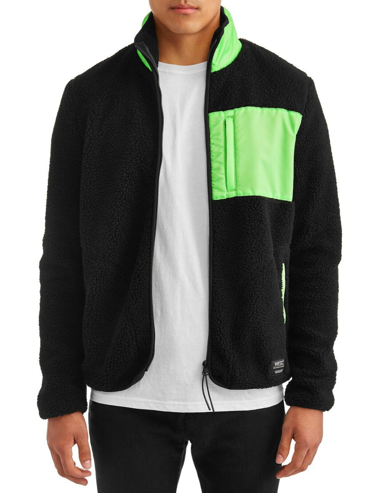 Primary image for WeSC Moritz Mixed-Media Sherpa Slim Fit Fleece Jacket Black Neon Green-Size Larg
