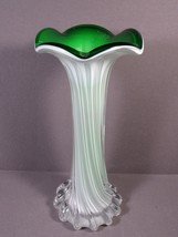 Art Glass Vase Green Cased Clear Twisted Ribbed Design 1980&#39;s 3.25&quot; x 7.... - £17.22 GBP