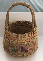 Vintage shabby chic large woven wood basket with handles flower design front - $25.69