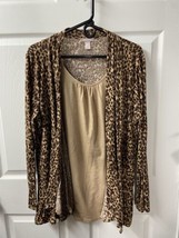 White Stag Top Womens 20 Tan Animal Print Leopard Mock 2 Pc Blouse Set Studded - $14.73