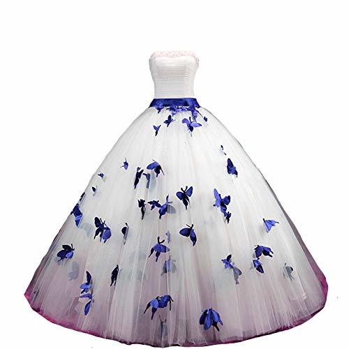Ball Gown Butterfly Pearl Long Prom Formal Wedding Dress 16 White and Royal Blue