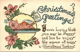 c1920 Christmas Greeting Postcard Cooked Turkey and Flowers Art Deco - $39.98