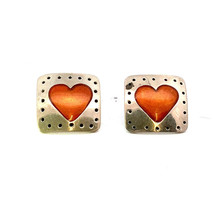 Vintage Signed Sterling Modern Inlay Orange Enamel Carved Heart Square Earrings - £51.42 GBP