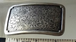 Vintage Belt Buckle 1970&#39;s Pewter Rectangle Shaped Floral Engraved Design - £23.97 GBP
