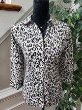 Chico&#39;s Women Leopard Linen Collared Neck Long Sleeve Button Down Shirt Size 4/6 - £18.17 GBP