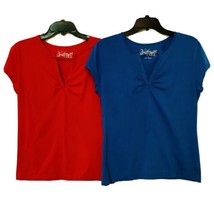 2 A Tee Womens M Blue &amp; Red Ruched Split Neck Short Sleeve Set Of 2 T Shirt Tops - £15.65 GBP