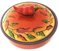 &quot;CHILI FIESTA&quot;  Clay Art Hand-Painted Tortilla Lidded Dish (StoneLite) 9... - $44.55