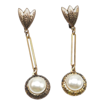 Spain Faux Pearl Circular Dangle Drop Earrings Damascene Gold Tone Vintage - $22.27