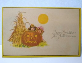 Halloween Postcard Children JOL Pumpkin Sun Corn Field Pink Of Perfection 606 - £44.48 GBP