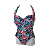 Catalina Classy Ruched Halter One-Piece Swimsuit ~ Blue Green Red ~ Sz M 8/10 - £17.78 GBP