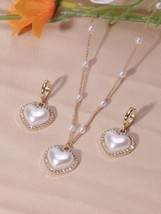 3pcs Necklace &amp; Earrings Rhinestone &amp; Faux Pearl Heart Decor Jewelry Set New - £14.59 GBP