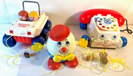 3 Vtg Fisher-Price Classics: Chatter Phone, Dune Buggy &amp; Humpty Dumpty Pull Toys - £37.98 GBP