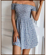 NEW Blue White Floral Tropical Summer Short Flare Sundress  Off Shoulder  M - €12,50 EUR